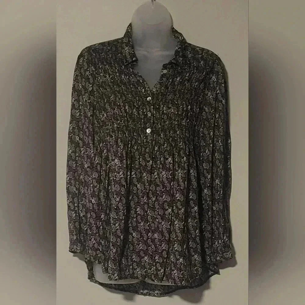 Black White Brown Long Sleeve Paisley Print Blouse Womens Medium